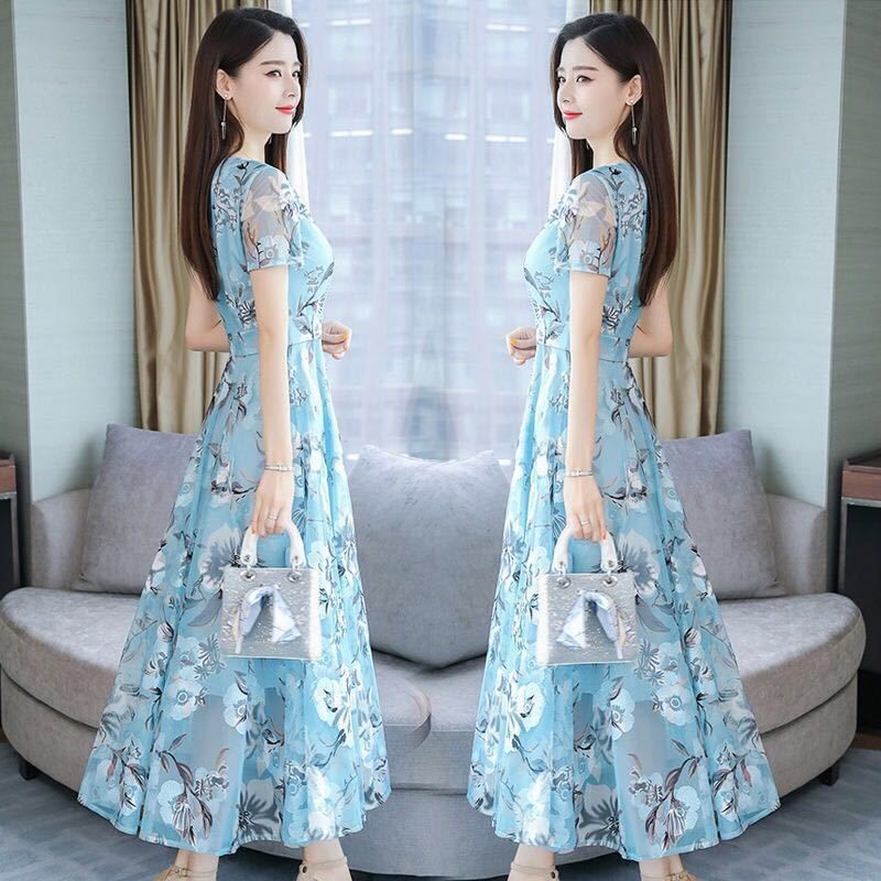 Đầm Chiffon Dáng Dài In Họa Tiết Phong Cách Phương Tây Thời Trang Mùa Hè Mới Cho Nữ 2021 30-40 Tuổi