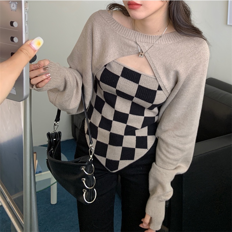 QKOOLE  Áo hai dây dệt kim sọc ca rô và áo khoác dệt kim phong cách Hàn Quốc dành cho nữ