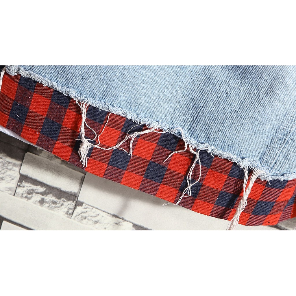 Áo khoác jean nam thiết kế phối caro đỏ, áo nam thiết kế trẻ trung năng động cá tính | BigBuy360 - bigbuy360.vn