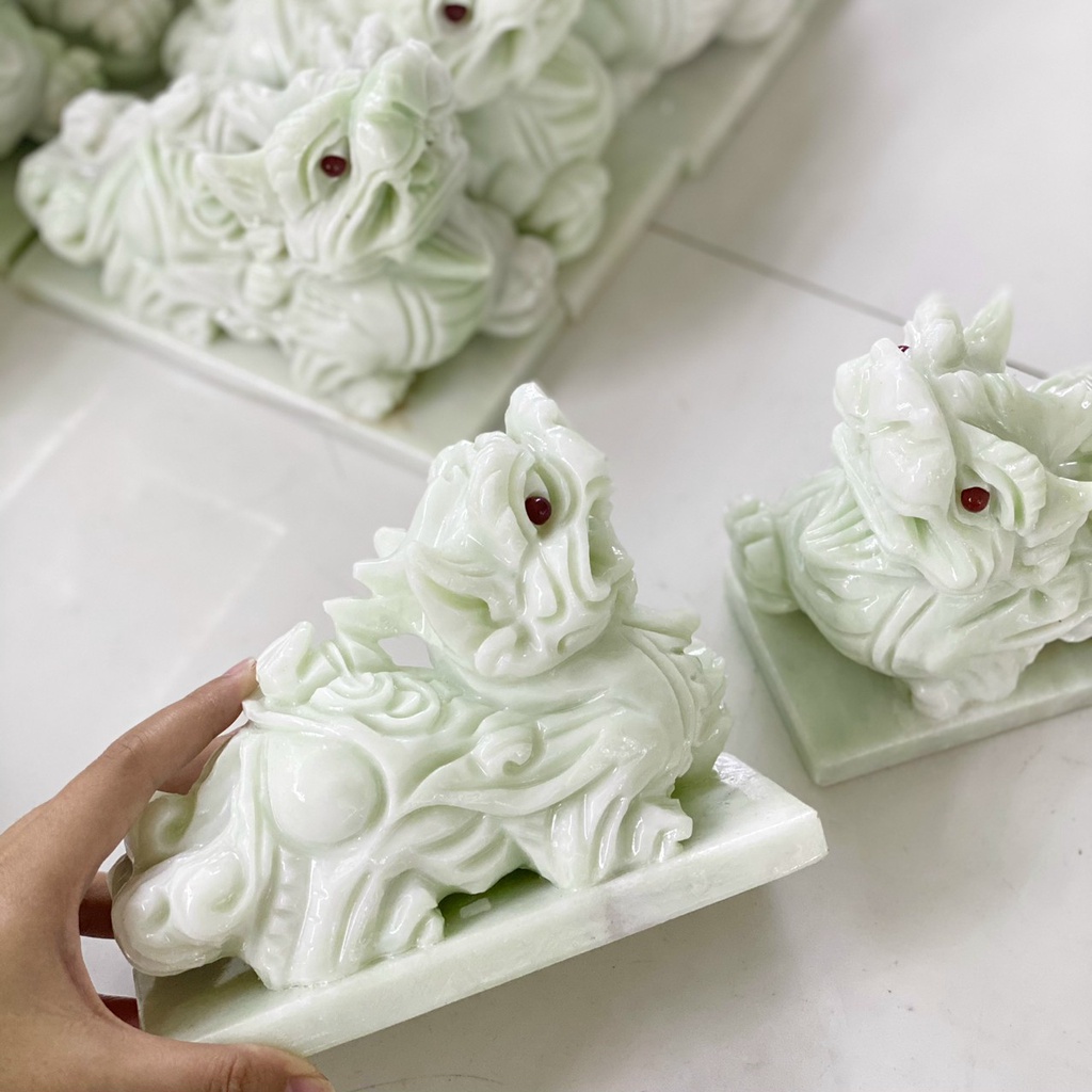 Tỳ Hưu Phong Thủy , Cặp Tỳ Hưu Đá Trắng, Đá Vân Gỗ , Đá Serpentine Tự Nhiên 100% -  Dài 15cm
