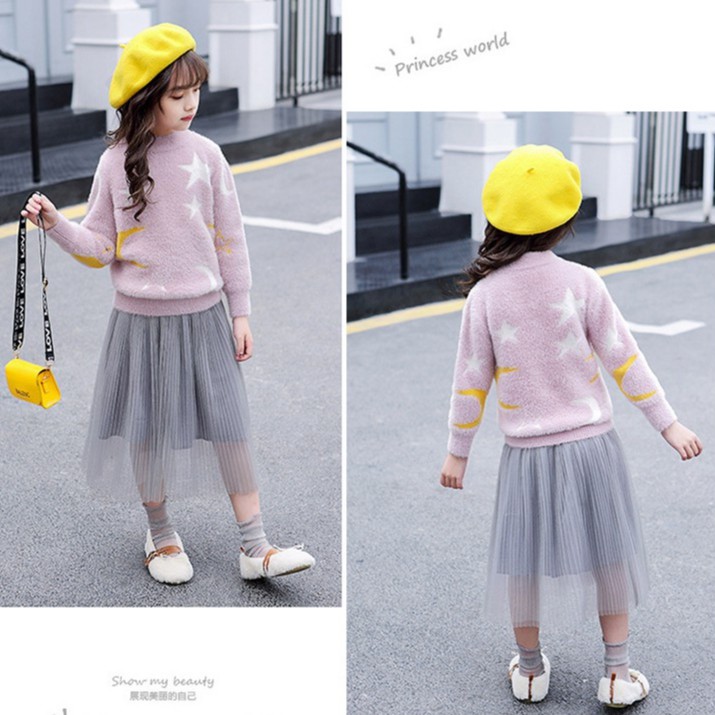 Áo len bé gái lớn size 16-45kg chất lông siêu mềm mịn họa tiết trăng sao siêu xinh [AL14]