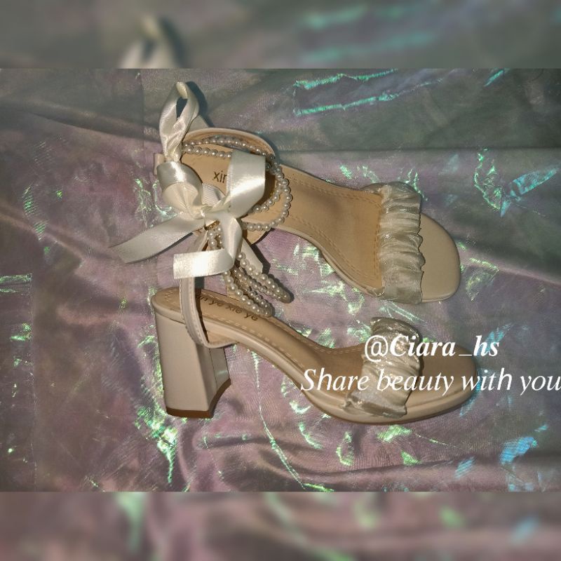 Giày cao gót voan nhũ thắt nơ sang chảnh đế vuông cao 9cm cd45