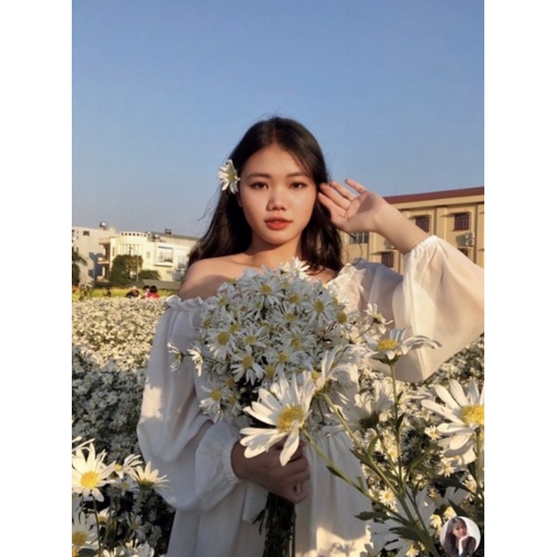 váy trắng tiểu thư trễ vai tay bồng dáng dài hai lớp, đầm trắng dự tiệc bánh bèo xinh xắn