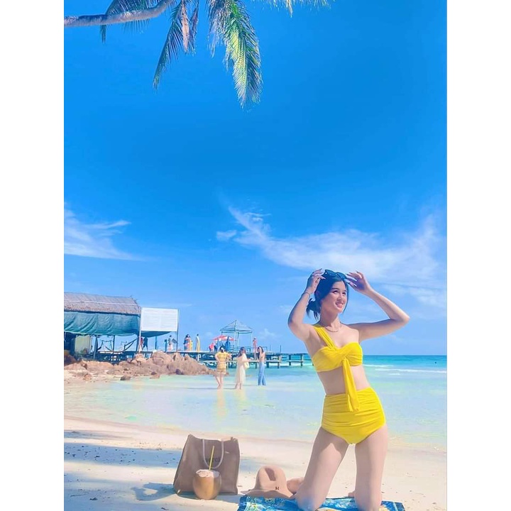 Bikini đồ bơi nữ 1 mảnh nơ ngực lệch vai quần cạp cao xinh xắn MS21