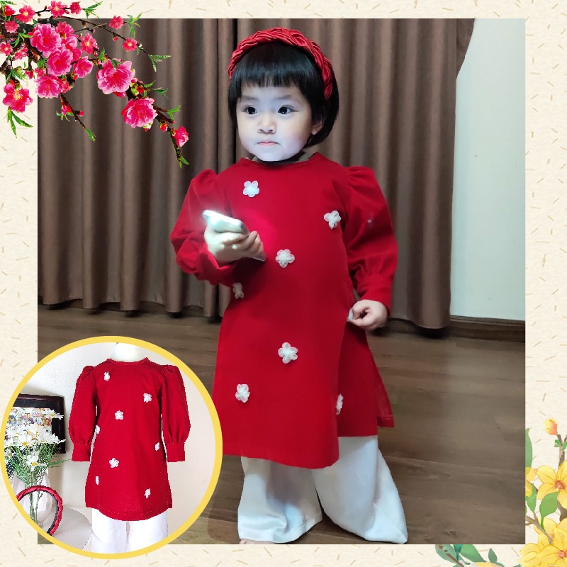 Áo dài cách tân cho bé gái (1-7 Tuổi) ⚡ HÀNG THIẾT KẾ CAO CẤP⚡ Áo dài nhung đỏ truyền thống tặng bờm tết xinh