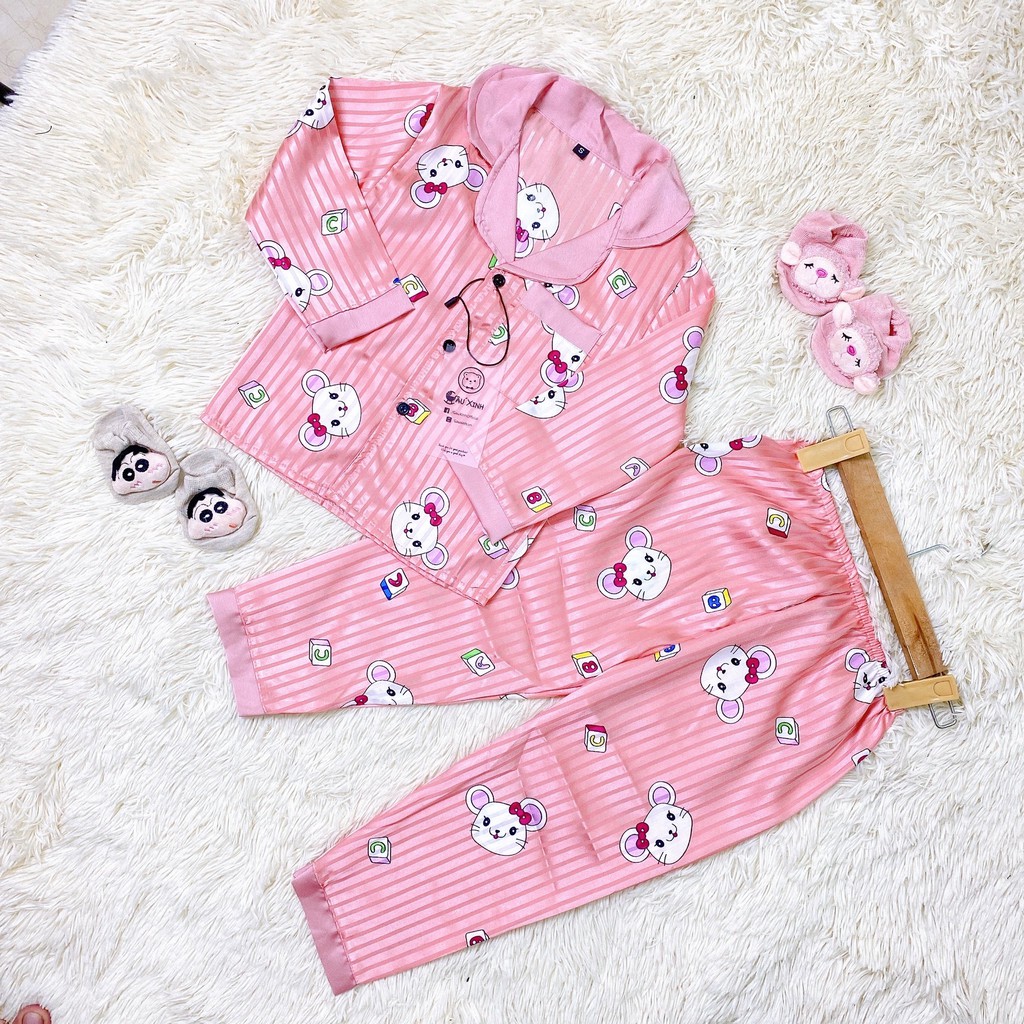 Bộ pijama lụa cho bé ⚡RẺ NHẤT SHOPEE⚡ Đồ ngủ dài tay nhiều hình hoạt hình xinh xắn ngộ nghĩnh cho bé trai/bé gái