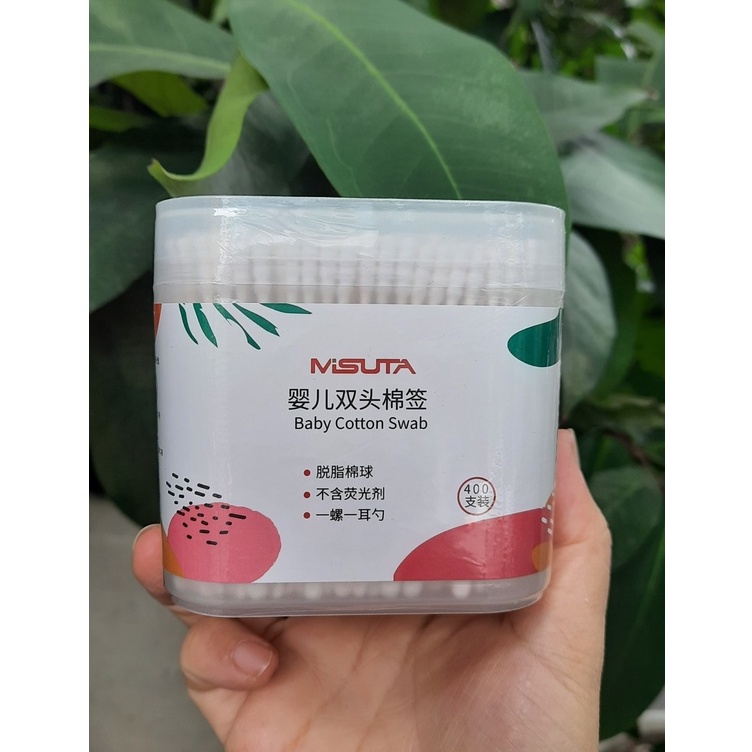 Tăm bông cho bé sơ sinh, bông tự nhiên, hộp 400 que Misuta