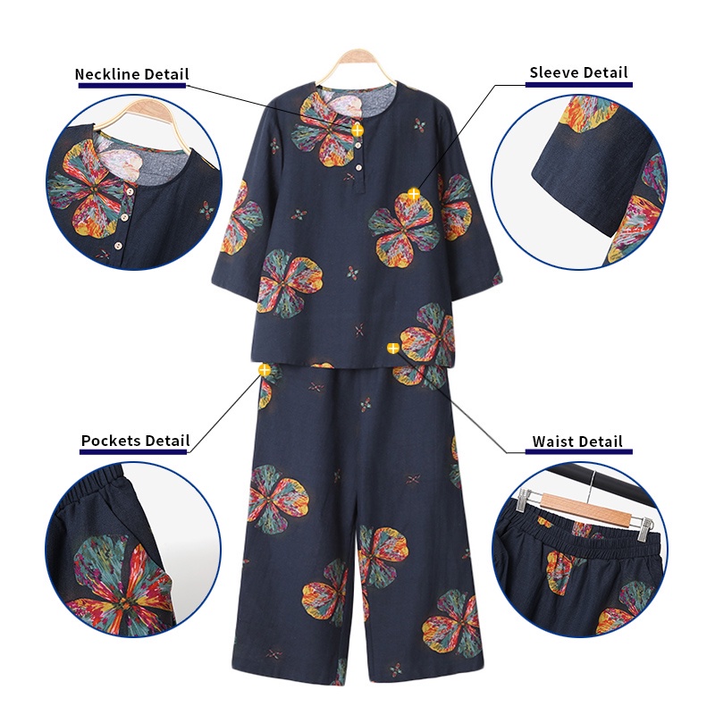 Set đồ ZANZEA cổ tròn tay 3/4 cài nsut lưng co giãn in họa tiết giản dị dành cho nữ