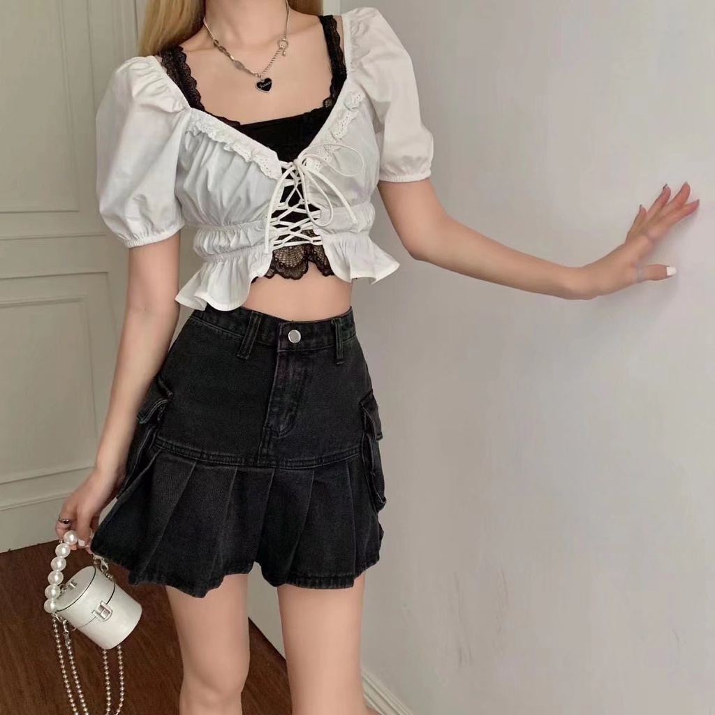 Chân váy jean SUXI dáng chữ A lưng cao xếp ly màu xám đen thời trang quyến rũ cho nữ