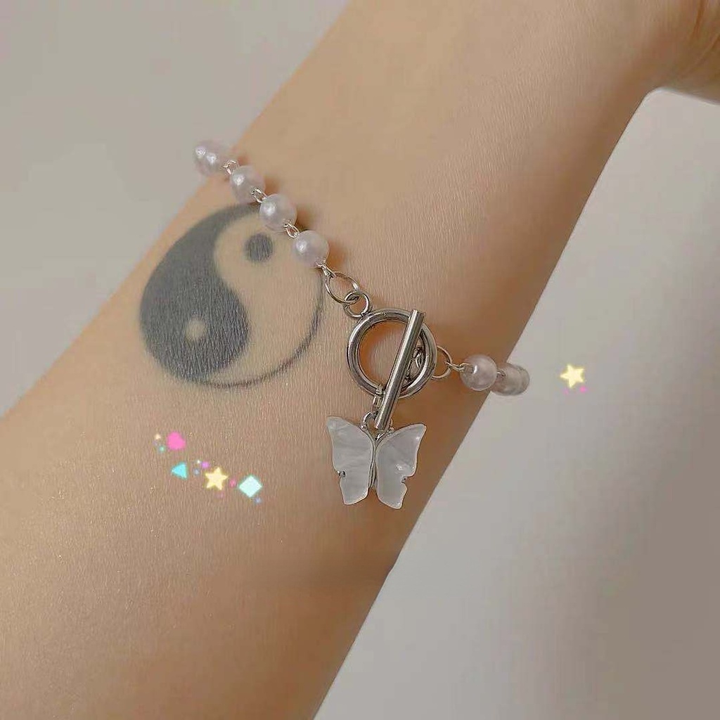 Vòng Tay Đính Hạt Ngọc Trai Mặt Hình Bướm Phong Cách Nhật Hàn Đơn Giản Dành Cho Nữ Sinh