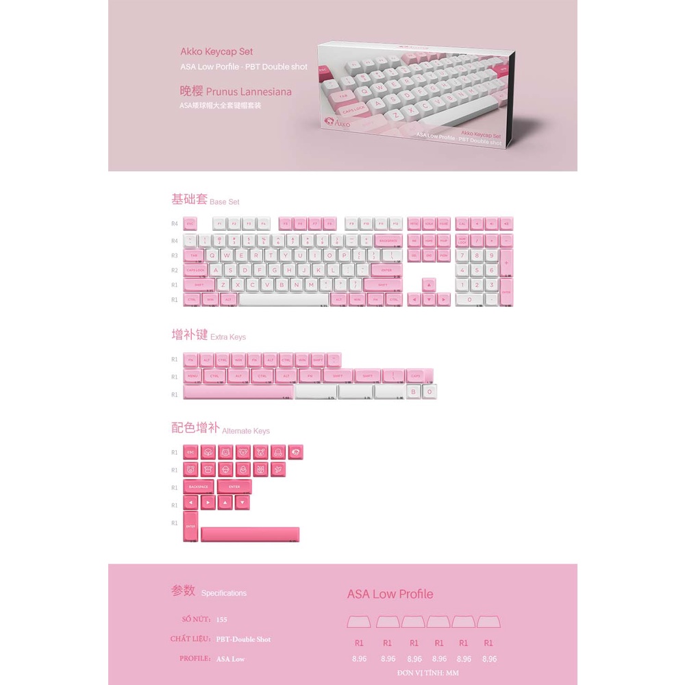 Keycap Cho Bàn Phím Cơ Akko Set – Prunus Lannesian (PBT Double-Shot/ASA low profile/155 nút) | Ezpc