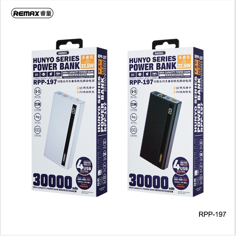 [ CHÍNH HÃNG ] Pin sạc dự phòng  30000mAh REMAX RPP-197 sạc nhanh 22.5w lõi Li-polymer 4 cổng QC+1PD