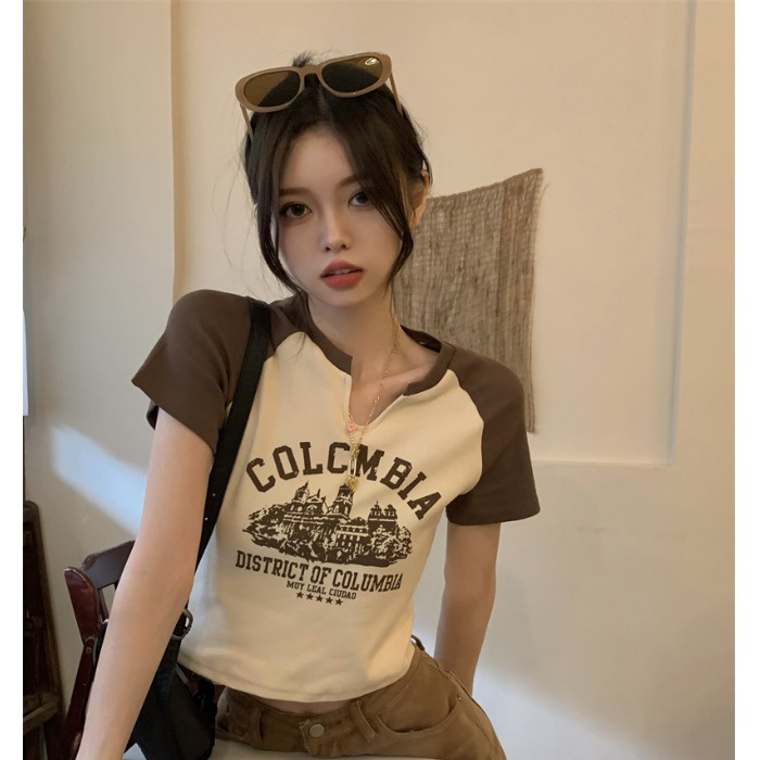 Porozi  Áo thun  tay ngắn cổ chữ V in họa tiết phong cách retro Hàn Quốc thời trang cho nữ 3 màu tùy chọn