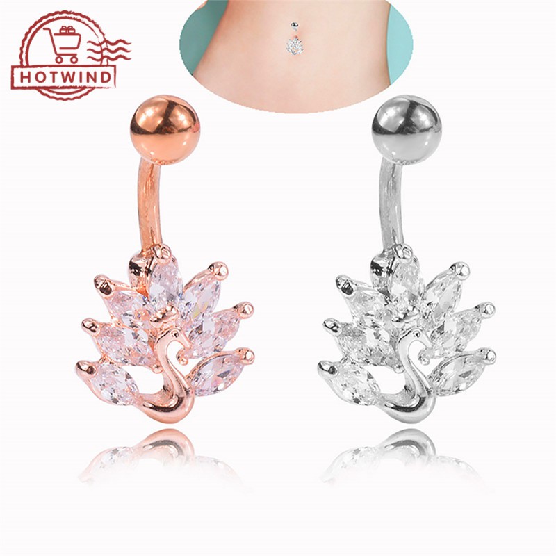 Khuyên rốn mặt hình chim công đính đá lấp lánh trang sức múa Belly Dance