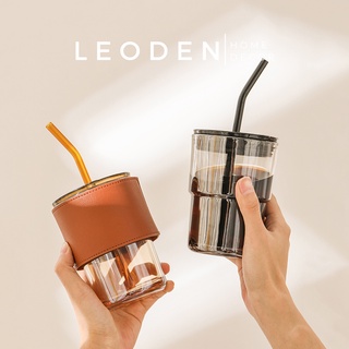 Cốc uống nước có nắp thuỷ tinh decor bao da phong cách Hàn Quốc, ly thuỷ tinh uống nước có nắp đẹp – LEODEN Decor