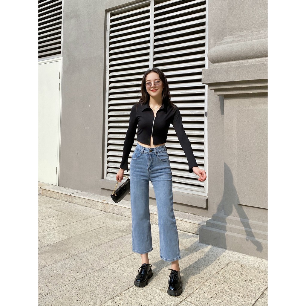 Áo croptop Oversized tay dài cổ sơ mi dây kéo ngắn, tay ôm [VN1]