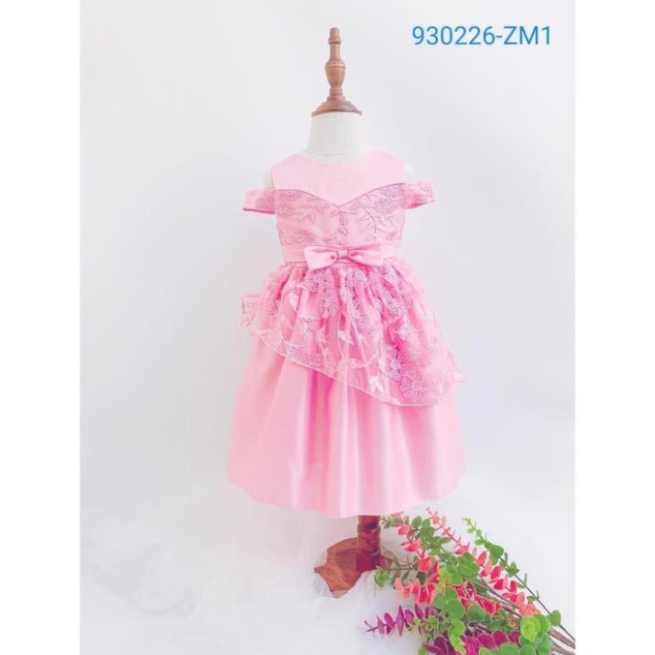 930226-ZM1 - Váy ren bé gái , hở vai , nơ bụng , màu hồng , size bé 3t-8t