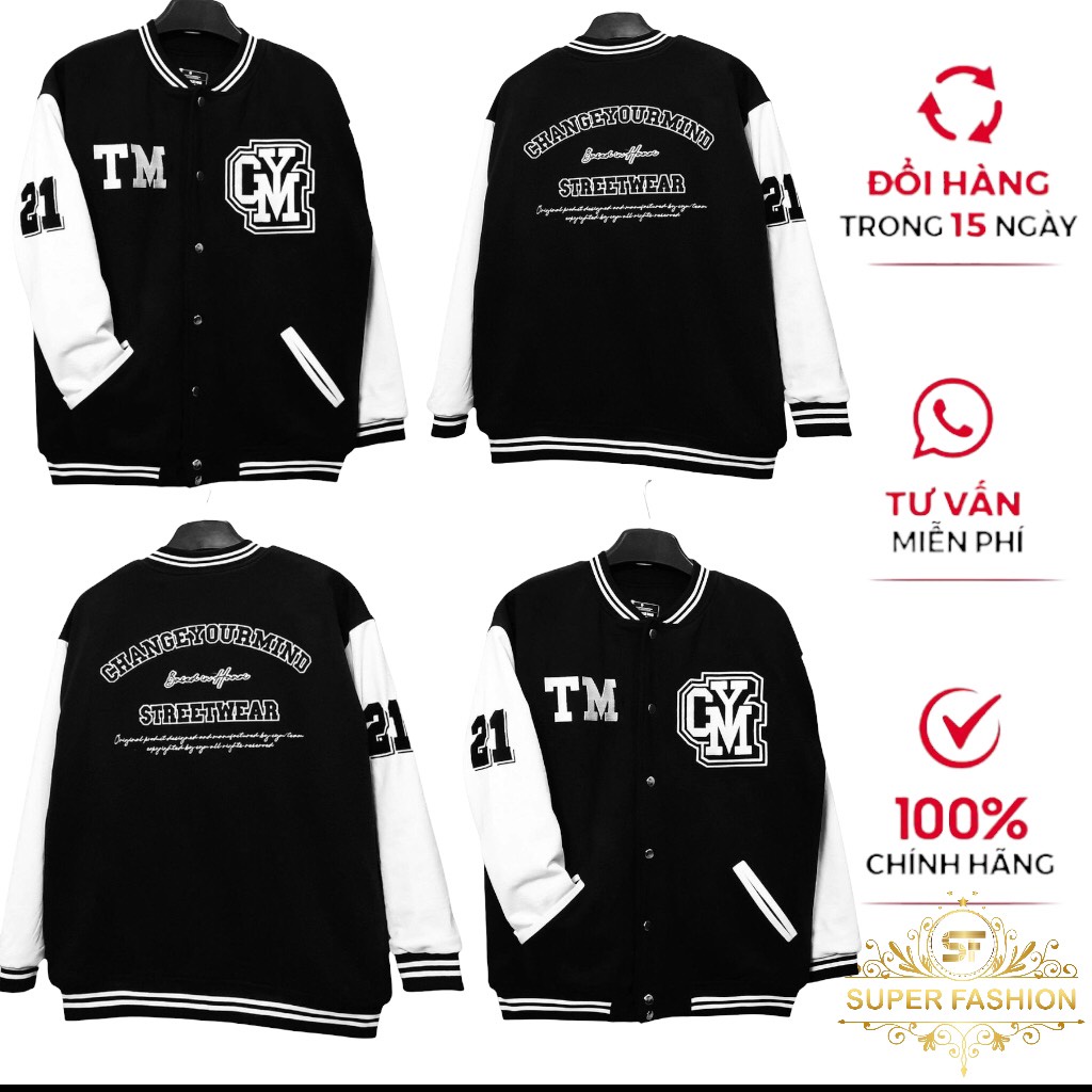 Áo khoác bomber nam nữ vải dù 2 lớp form rộng phối chữ TM kiểu bóng chày Thời Trang Super Fashion