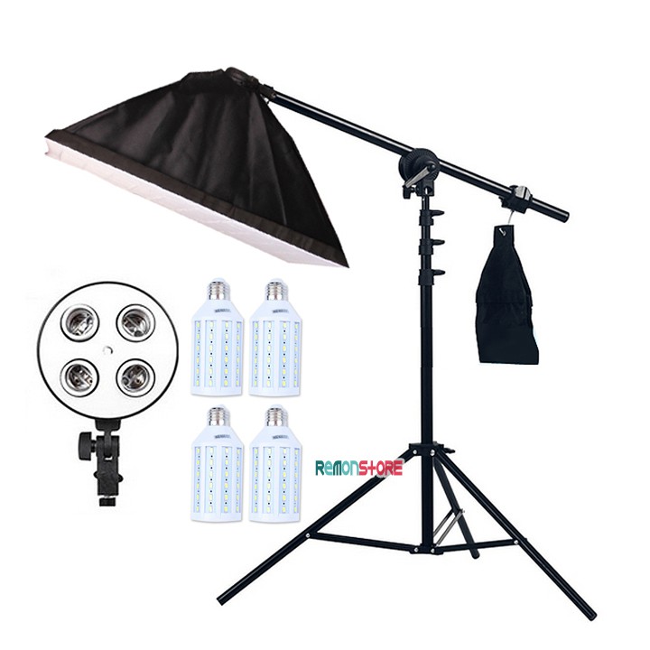 Chân đèn cao 200cm - Tay boom đèn dài 140cm  - Softbox đèn led 4 đuôi 50x70cm- 4 bóng đèn Led 360 độ