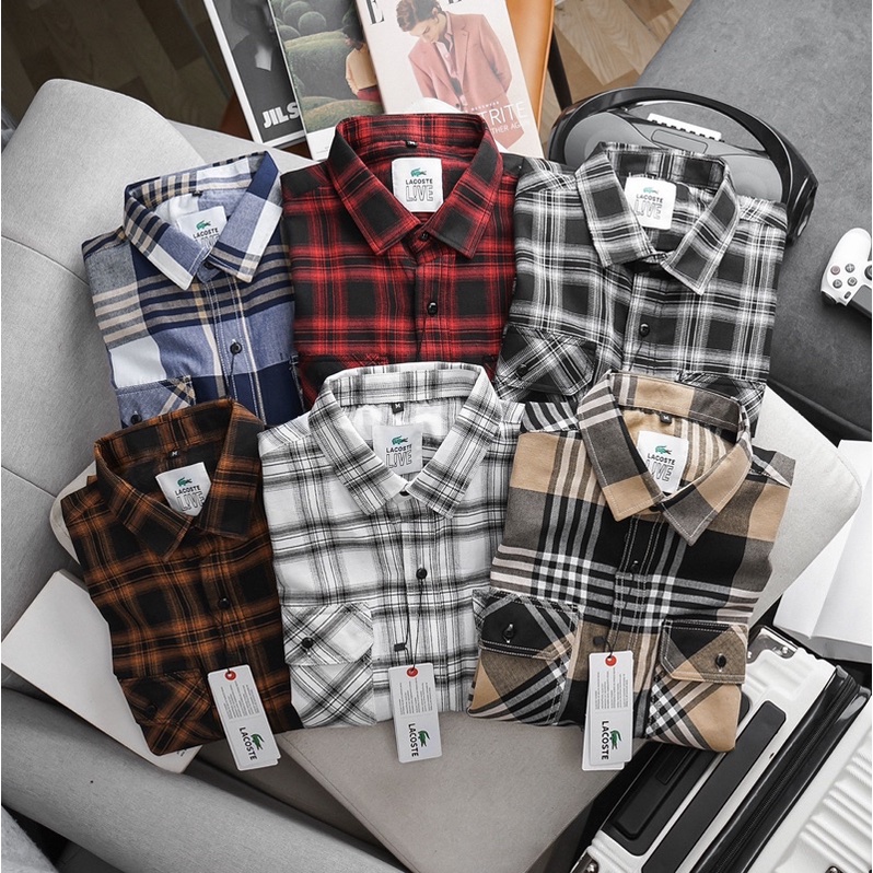Sơ mi dài tay Flannel lacoste shirt kẻ caro 2 túi ngực 100% cotton