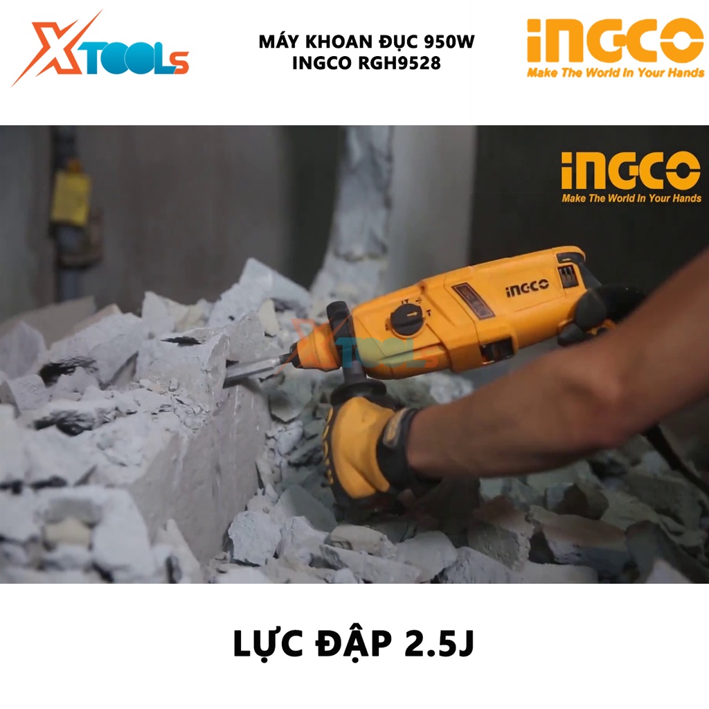 Máy khoan búa dùng pin 3 chức năng 950w Ingco RGH9528 đầu gài sds plus, tốc độ 1050rpm, tốc độ búa 4670bpm, lực búa 2,5j