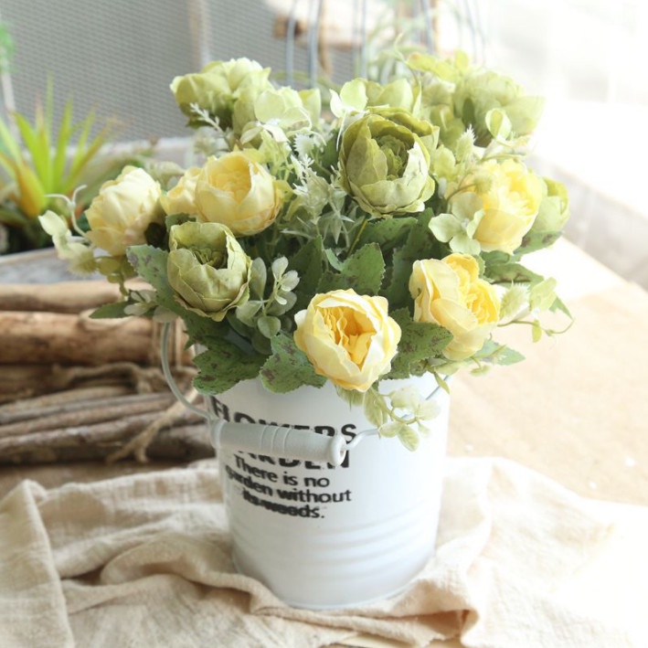 Hoa giả- Hoa lụa cao cấp trang trí nhà cửa [ 1 cành 6 bông cao 27cm mô phỏng mẫu đơn nhỏ]