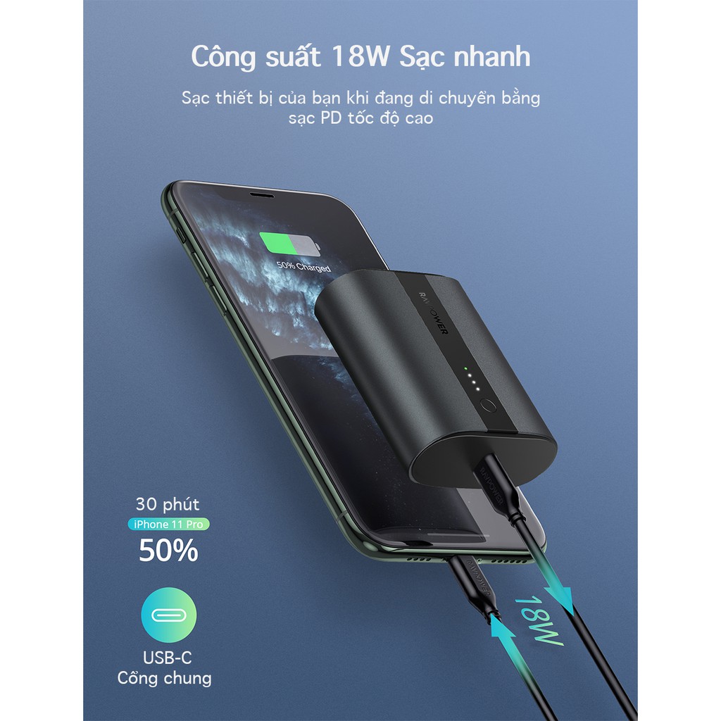 [LÕI PIN LG21700]Pin sạc dự phòng RAVPower Mini 10000mAh PD 18W QC 3.0 Tesla LG Pin Lithium-ion Cell Black RP-PB197