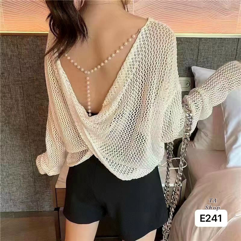 Áo len lưới xoắn lưng dây ngọc