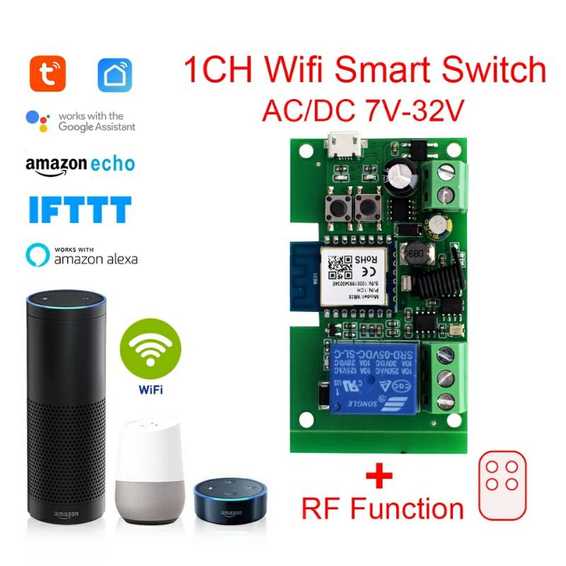 Công tắc wifi 5V 12V 24V điều khiển máy bơm bể cá, đèn led, qua điện thoại wifi + rf 433mHz 1 kênh