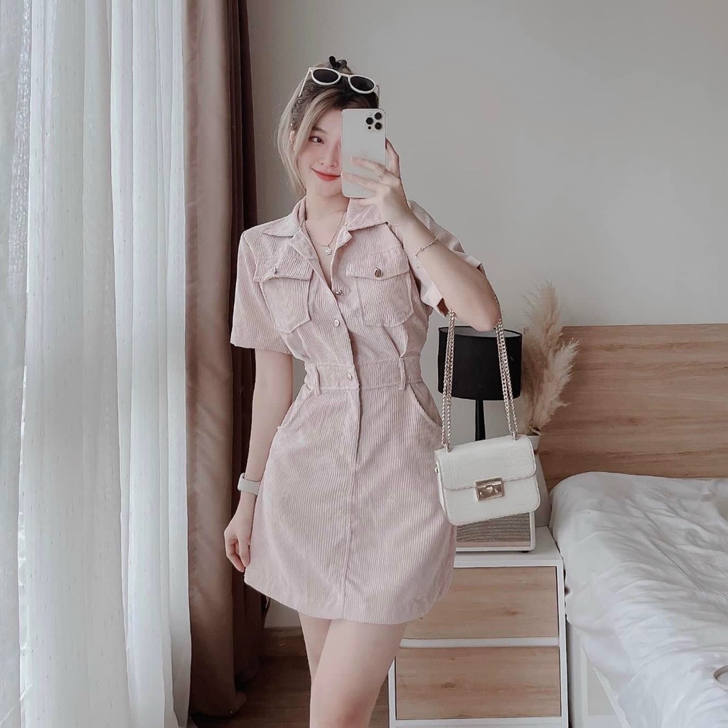 (Sale FreeShip) Đầm công sở,đầm sơ mi nữ túi hộp có đai thắt eo chất tăm nhung y mẫu,hàng chuẩn shop lên from xinh xĩu