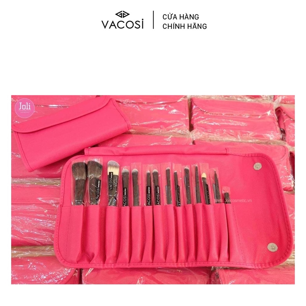 Bộ Cọ Cá Nhân 14 cây & Bóp da Hồng VACOSI ESSENTIAL BRUSH SET - BC09