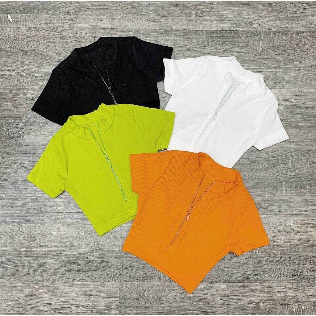 Áo croptop ôm - áo crt tay ngắn cổ trụ phối khóa kéo