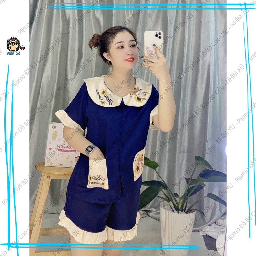 Đồ Bộ Ngủ Pijama Mặc Nhà Vải Satin Cao Cấp Cổ Bèo Tay Phồng Hello Summer Quần Đùi Áo Tay Ngắn | BigBuy360 - bigbuy360.vn