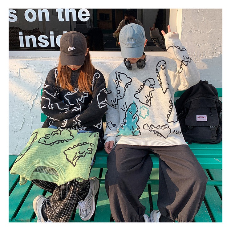 Áo Khoác cardigan Dệt Kim Dáng Rộng In Họa Tiết Khủng Long graffiti Đường Phố hip hop Thời Trang Mùa Đông 2021 Cho Nam Và Nữ