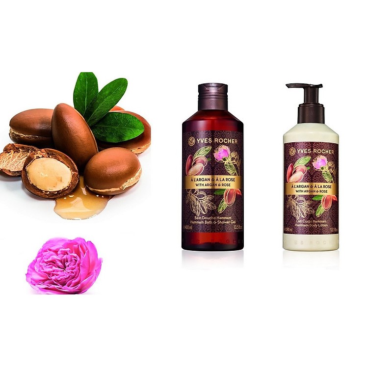 _ Gel tắm Yves Rocher 400ml + Dưỡng thể Yves Rocher 390ml - Hương hoa hồng Argan Rose Petals