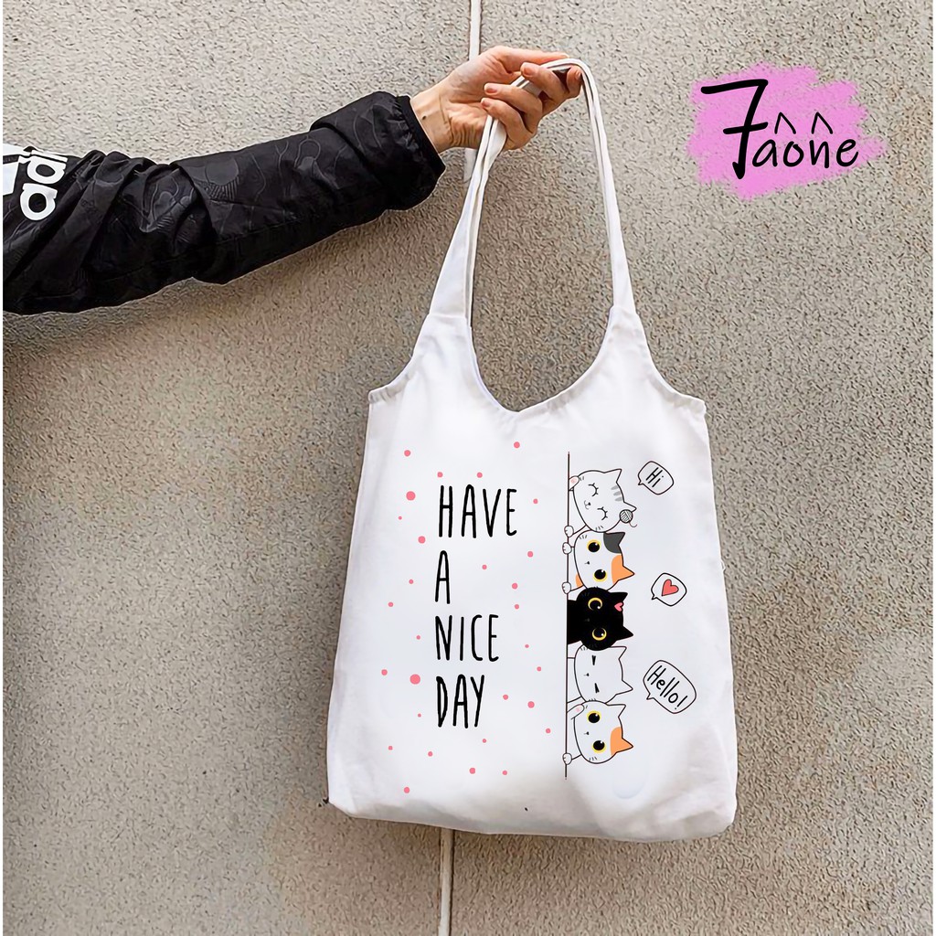 TÚI TOTE QUAI TRÒN MÈO MEOW MOEW (CÓ KHÓA + TÚI CON) VẢI CANVAS