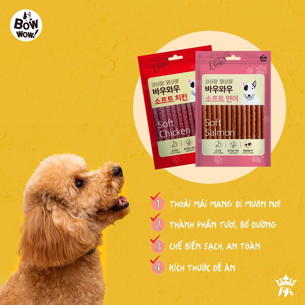 Snack cho chó cá hồi gà que Bow wow soft chicken salmon gói 50g 150g, thức ăn cho chó vặt huấn luyện cún Con Mèo Xiêm