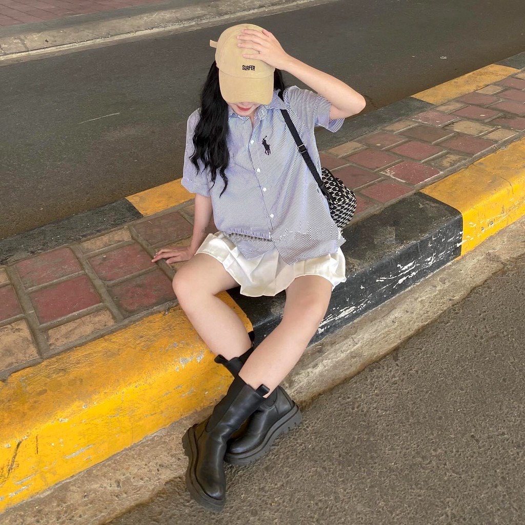 Áo Sơ Mi Kẻ Golf Tay Lỡ JOLIE Nữ  🌸 Thun polo form rộng thêu hình sọc màu XANH | TRẮNG cá tính Ulzzang 🌸
