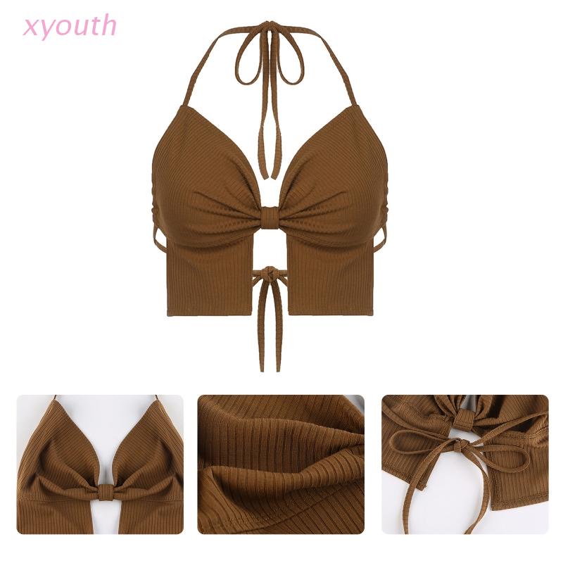 Áo Yếm Hai Dây Cổ Chữ V Màu Trơn Thắt Nơ Trước Ngực Mini Dành Cho Nữ Đi Biển