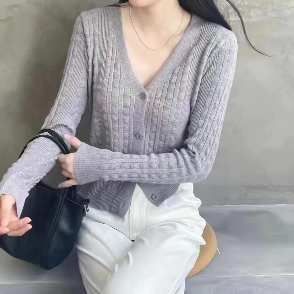 Áo khoác cardigan ZHELIHANGFEI vải dệt kim tay dài dáng rộng cổ chữ V dễ phối đồ