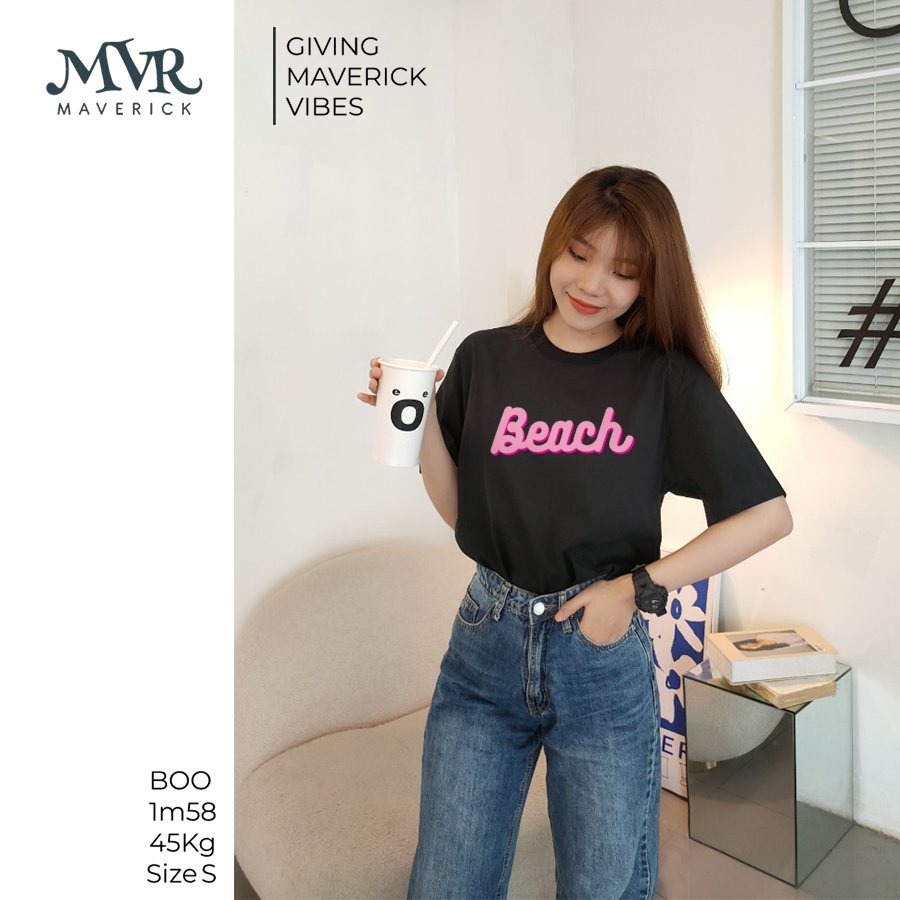 Áo thun nữ cổ tròn Cotton thoáng mát chữ beach hồng dễ thương MVR KK3918
