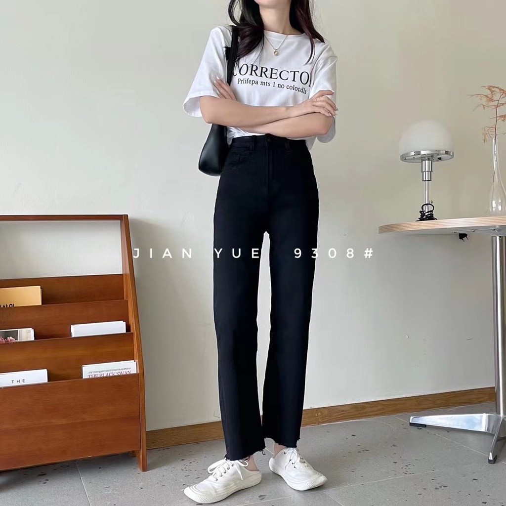 QB9308 QUẦN SUÔNG JEAN ĐEN TRƠN CO GIÃN
