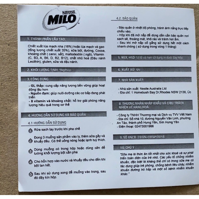 Milo Úc 1kg (date 03/2023) giá tốt