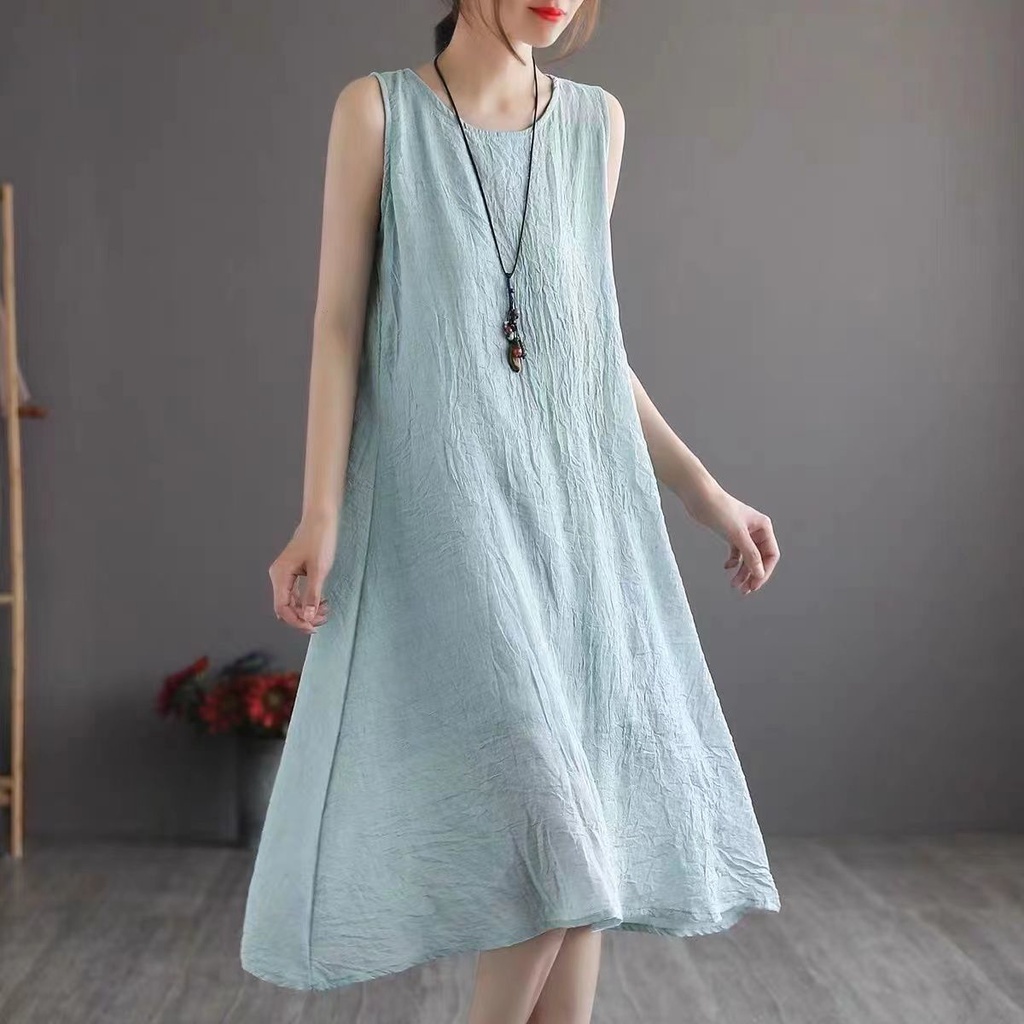 Đầm Dài Không Tay Chất Liệu Cotton Lanh Dáng Rộng Thời Trang Mùa Hè Dành Cho Nữ