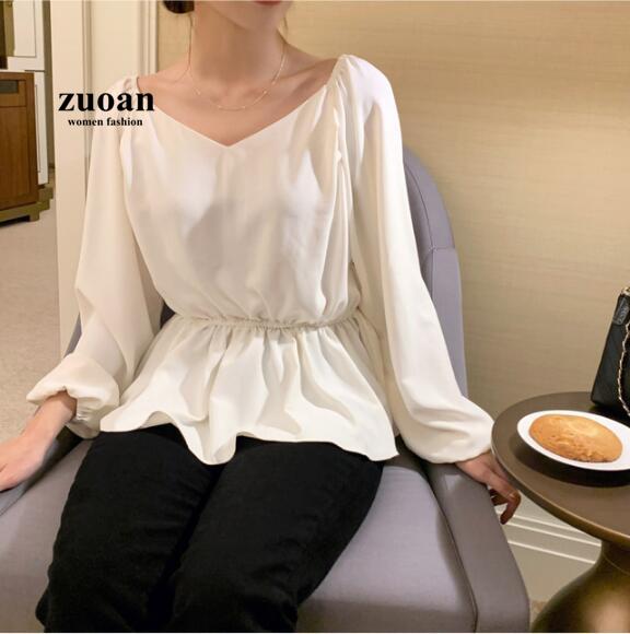 SUXI Áo Sơ Mi Tay Dài Cổ Chữ V Màu Trơn Thiết Kế Đơn Giản Phong Cách Hàn Quốc