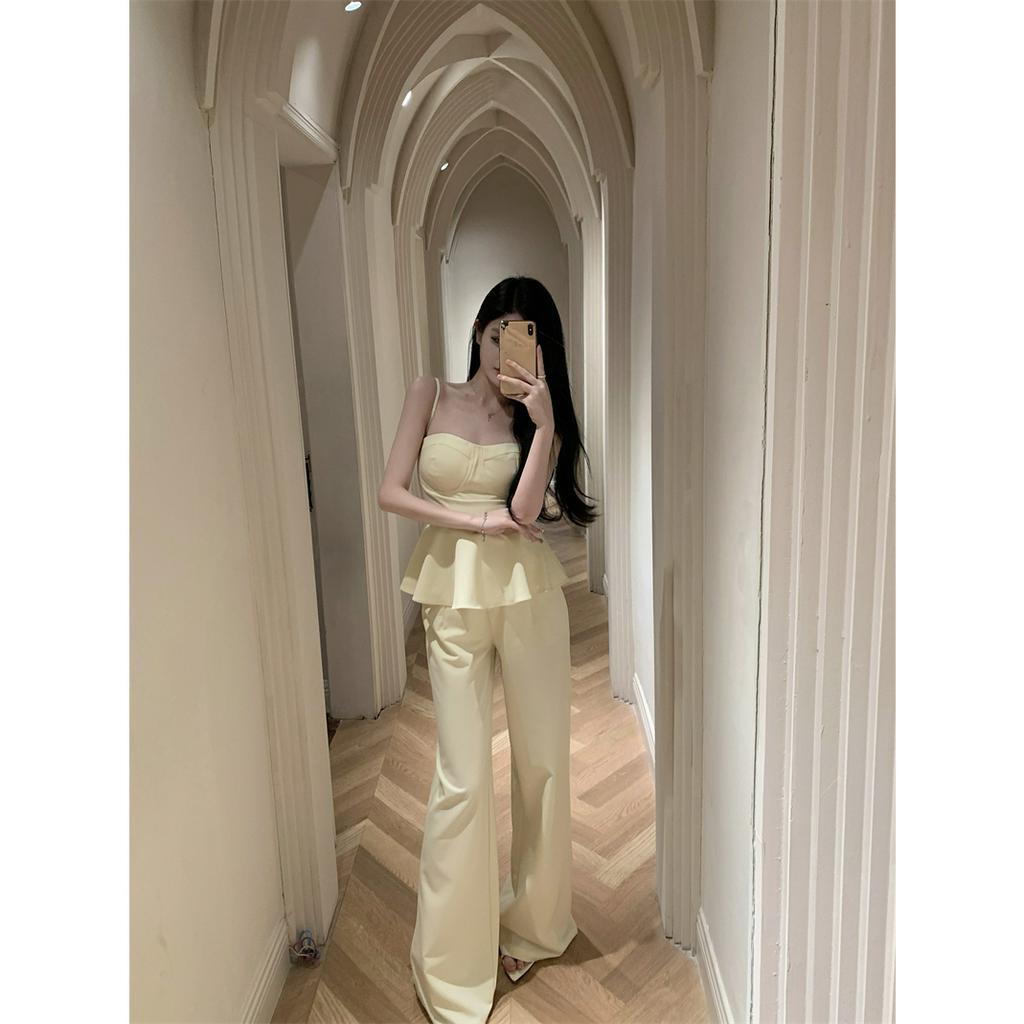 Set Áo Hai Dây + Quần Dài Ống Rộng Lưng Cao Thời Trang Cho Nữ