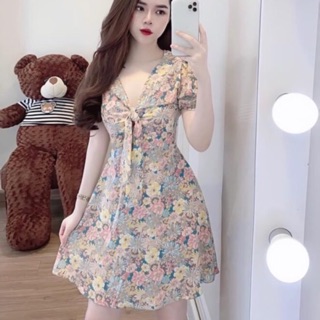 Váy hoa buộc nơ ngực tôn da dk36