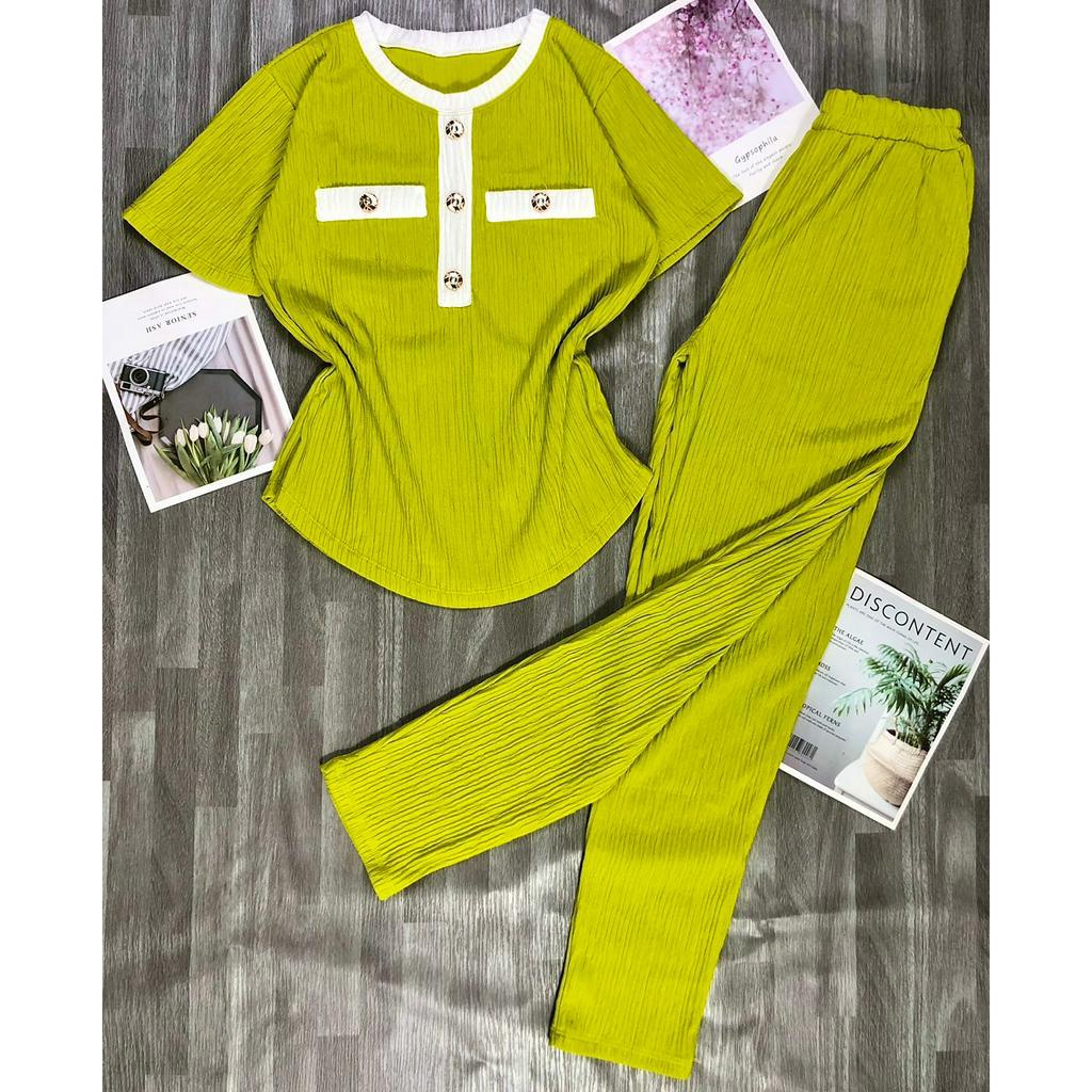 Sét đồ bộ nữ chất liệu xốp nhật cao cấp sét nữ áo tay ngắn phối quần dài Sét bộ đồ phối viền đính nút sang chảnh