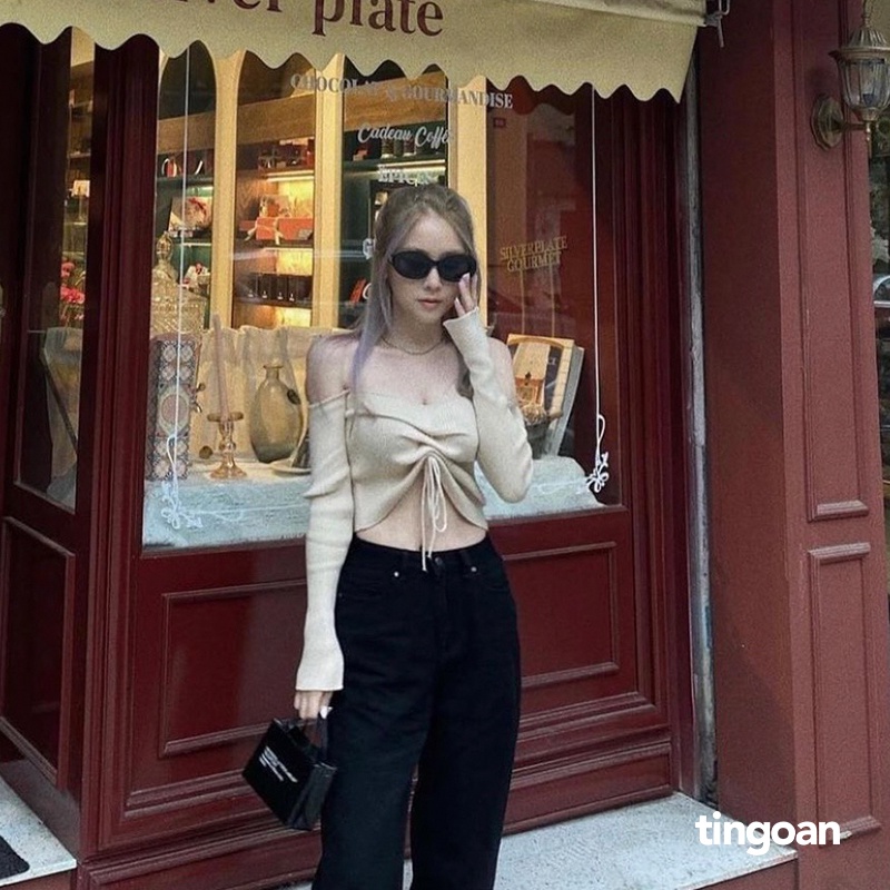 TINGOAN® - Áo len xù nude trễ vai rút dây tay dài xẻ vạt LUCIA TOP/ND