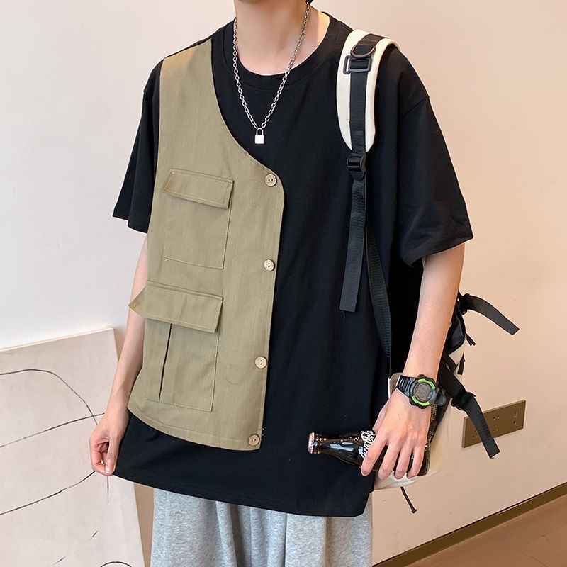 Áo Thun Ngắn Tay Giả Hai Lớp Phối Túi Phong Cách Hàn Quốc Dành Cho Nam